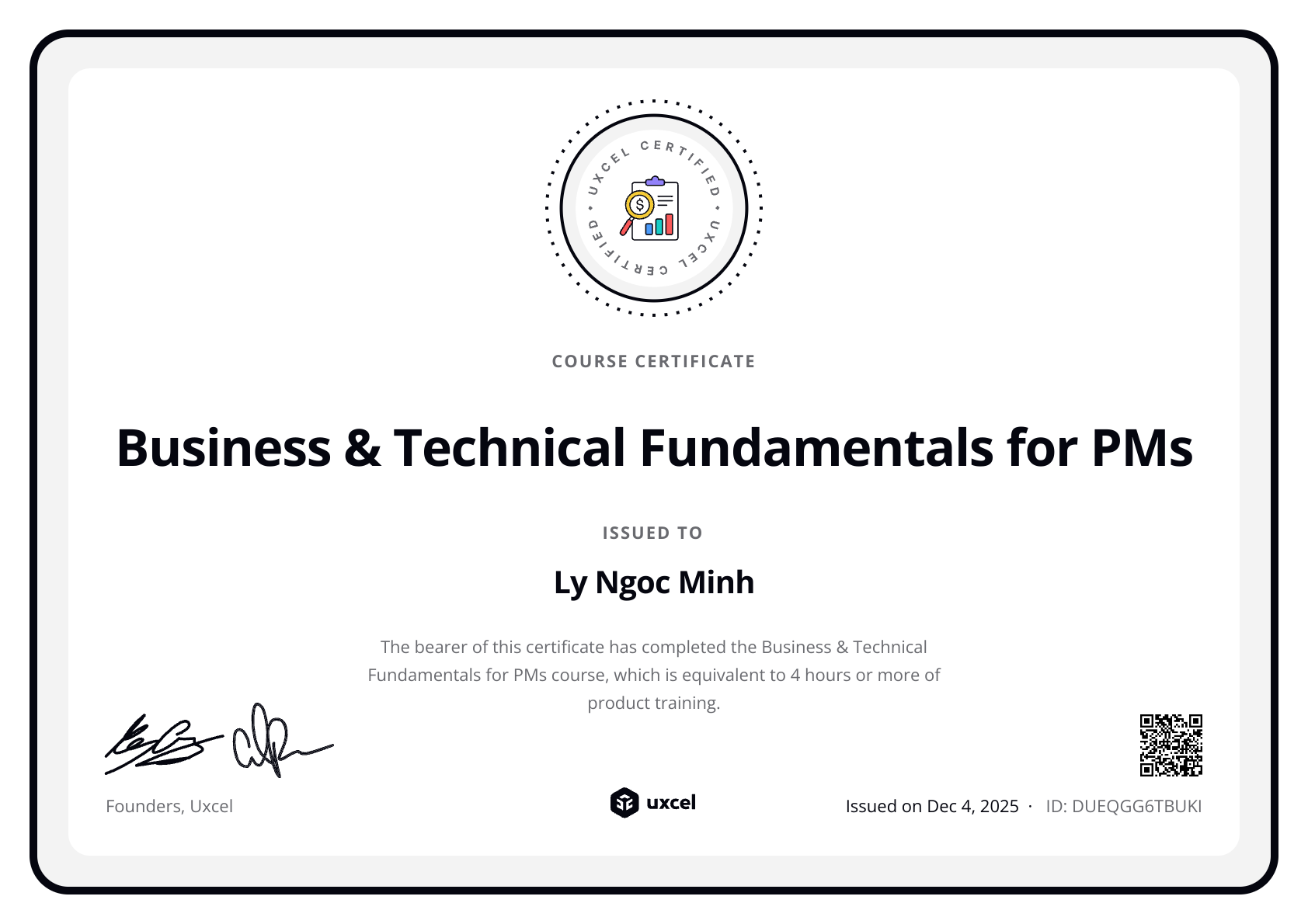 Ly Ngoc Minh's certificate